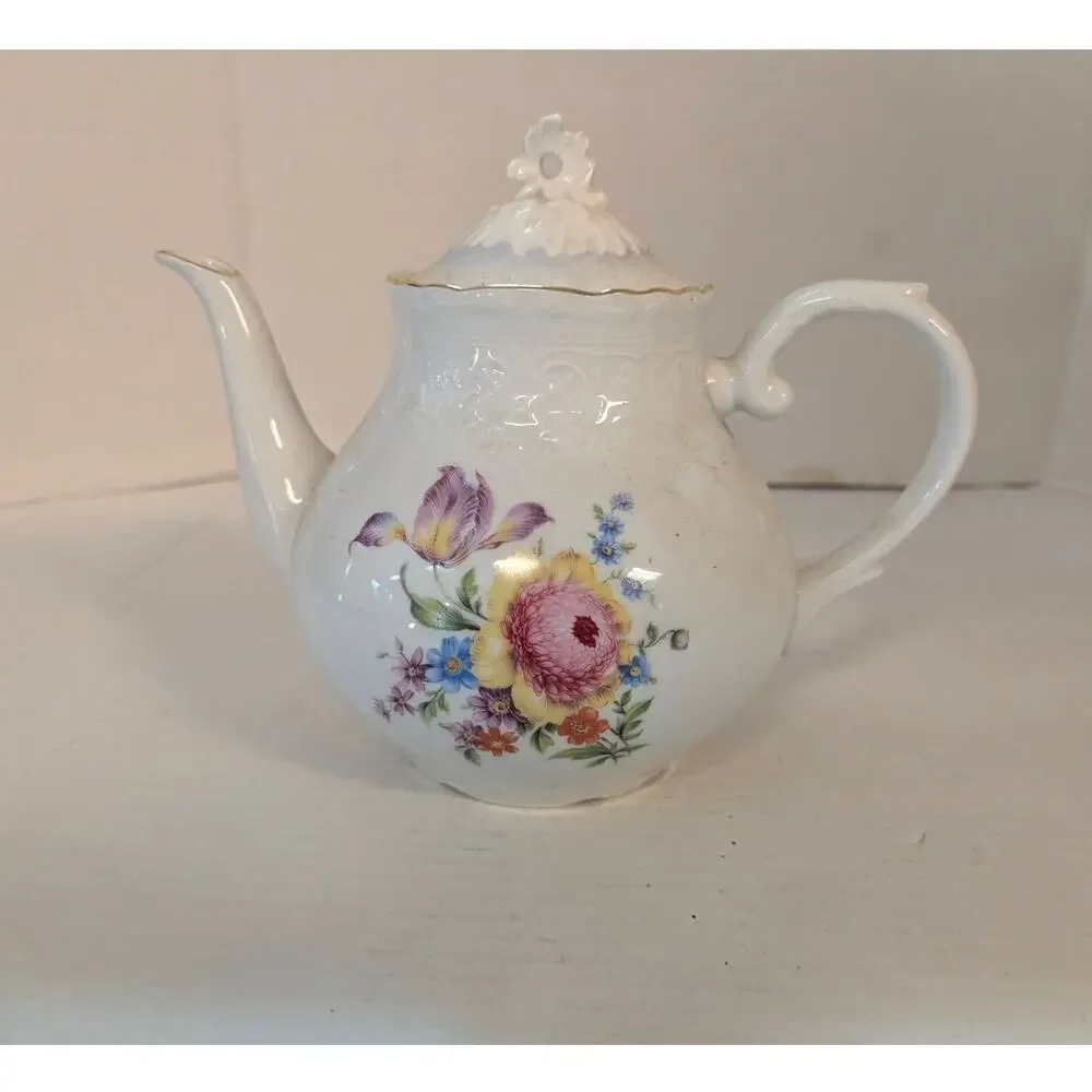 Vintage Schumann Arzberg Teapot German Porcelain Floral Gold Trim 7.5